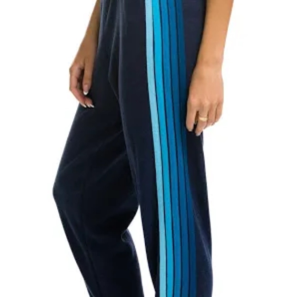 Aviator Nation Blue Track Pants with Dynamic Stripes